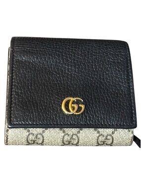 Gucci GG Marmont Compact Wallet Black Leather GG Supreme Canvas